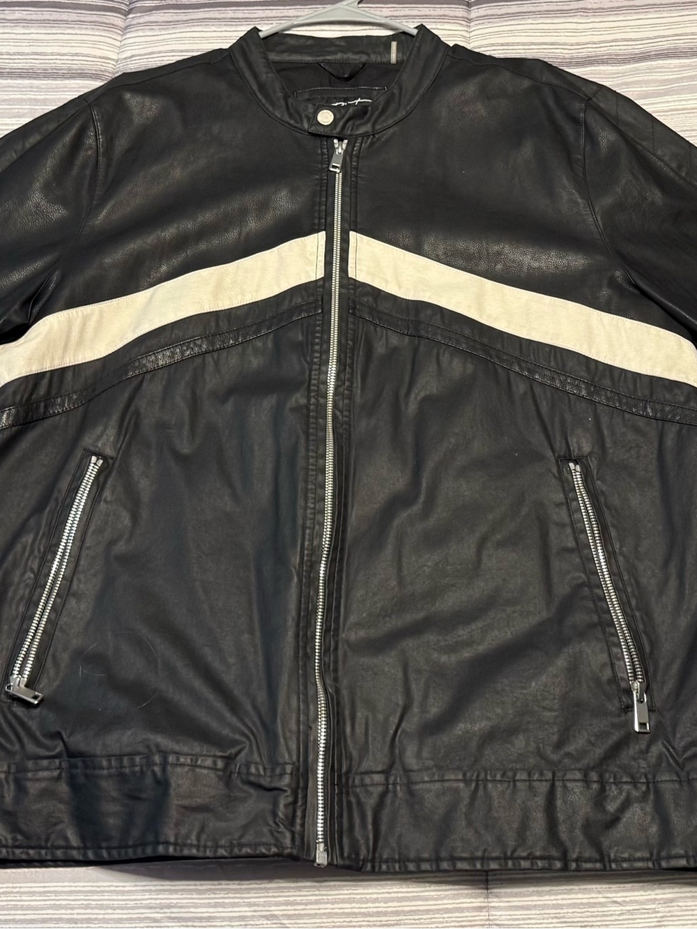 Men's XL Black Leather Jacket with White Chevron Stripe